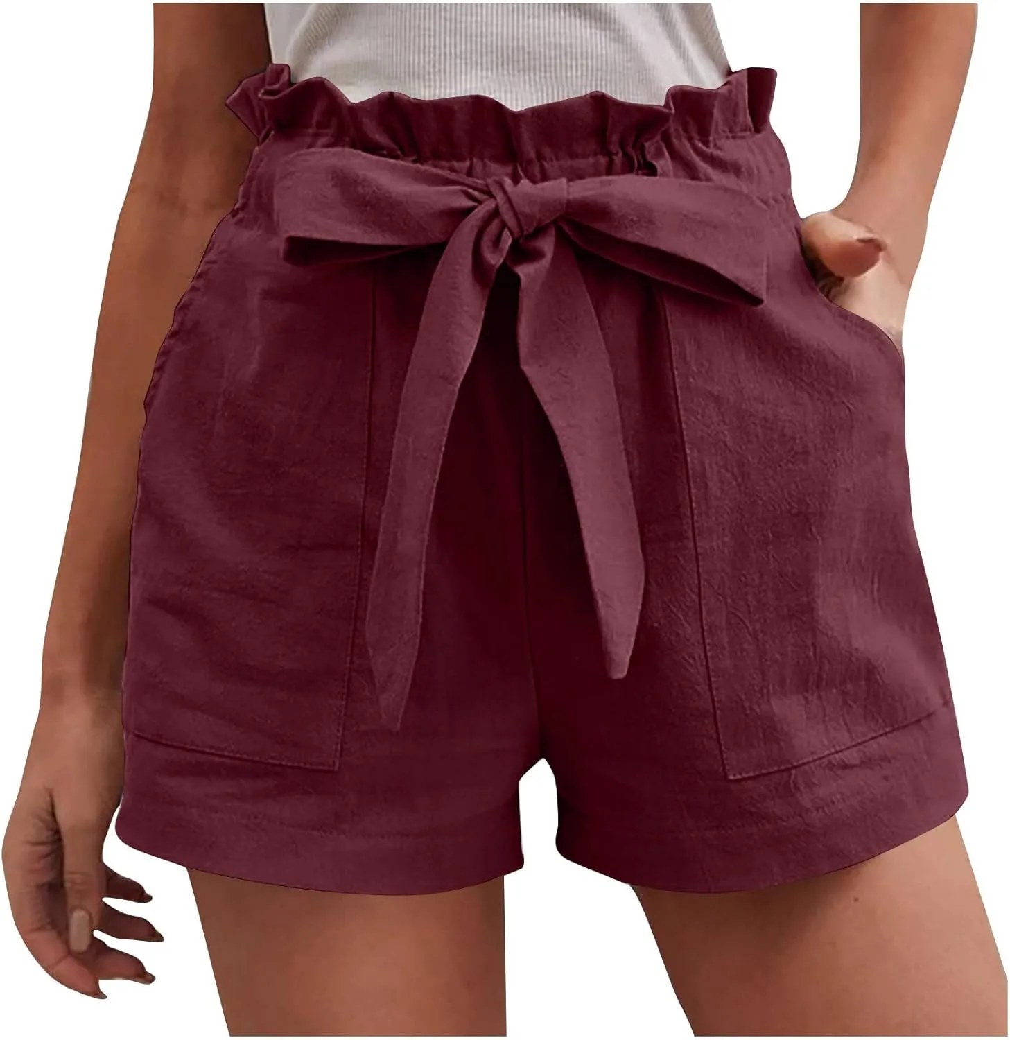 DASAYO Women Cotton Linen Summer Shorts Ruffle Adjustable Bowknot High-Waisted Solid Color Casual Short with Pockets