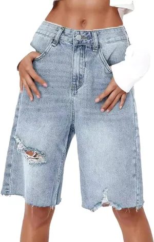 Denim Bermuda Shorts for Women Knee Length Jean Shorts Summer High Waisted Trendy Ripped Cut Off Jorts with Pockets