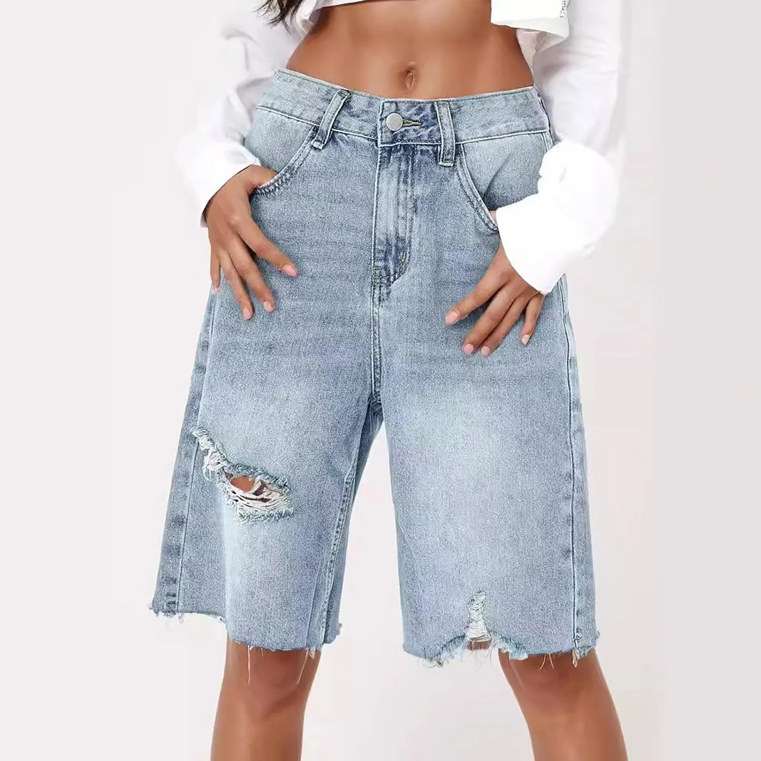 Denim Bermuda Shorts for Women Knee Length Jean Shorts Summer High Waisted Trendy Ripped Cut Off Jorts with Pockets