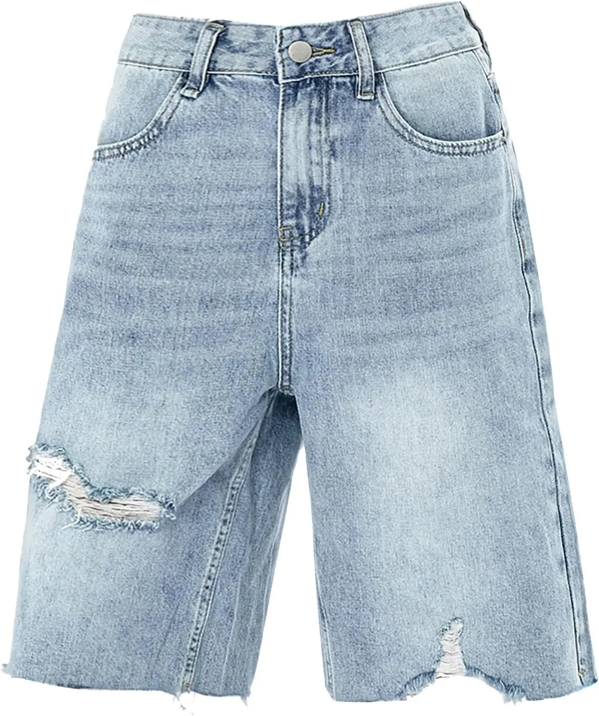 Denim Bermuda Shorts for Women Knee Length Jean Shorts Summer High Waisted Trendy Ripped Cut Off Jorts with Pockets