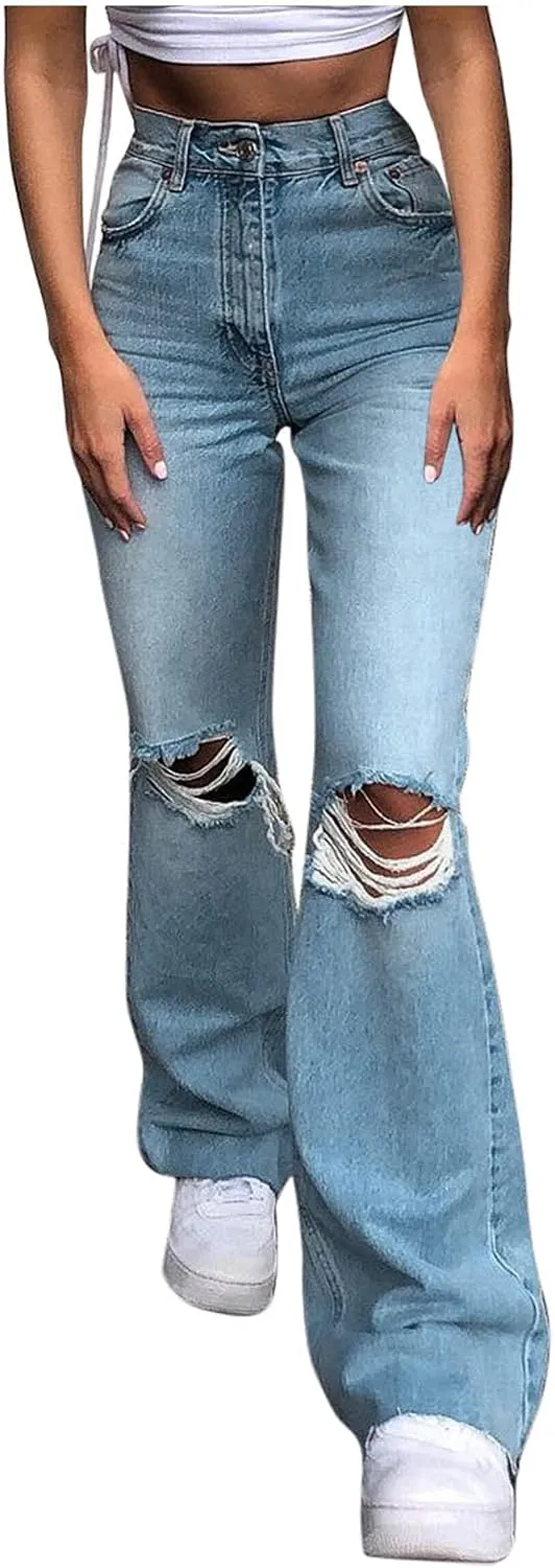 Denim Jeans for Women Classic High Waisted Skinny Jeans Y2K Stretch Jeggings with Pockets Bootcut Women Ripped Dark Blue