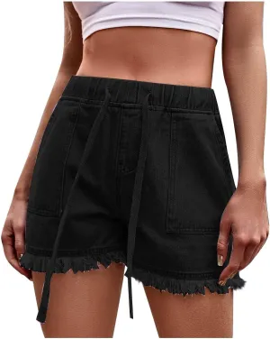 Denim Shorts for Women High Waisted Stretchy Drawstring Jean Shorts Frayed Raw Summer Casual Shorts with Pockets
