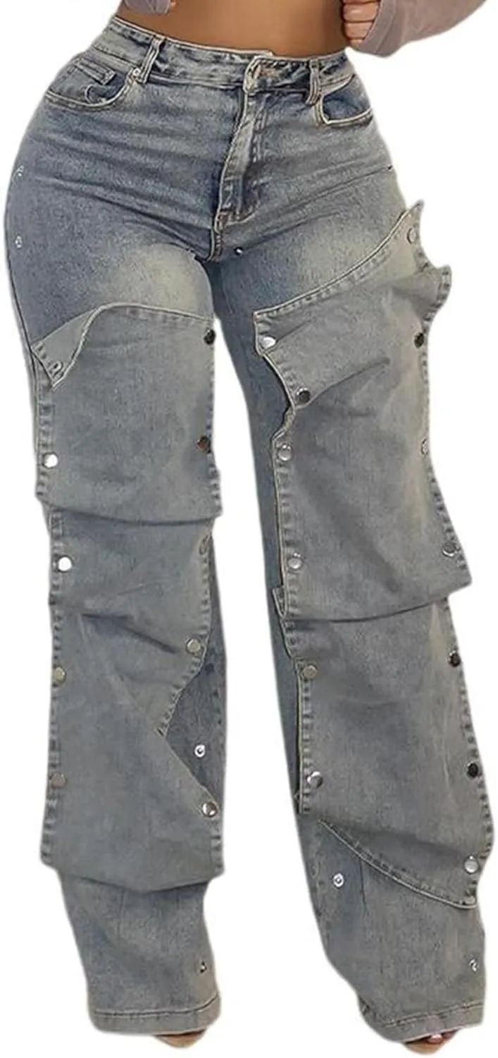 DINGANG Women's High Waisted Baggy Jeans Straight Leg Distressed Detachable Patchwork Loose Stretchy Trendy Denim Pants