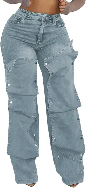 DINGANG Women's High Waisted Baggy Jeans Straight Leg Distressed Detachable Patchwork Loose Stretchy Trendy Denim Pants
