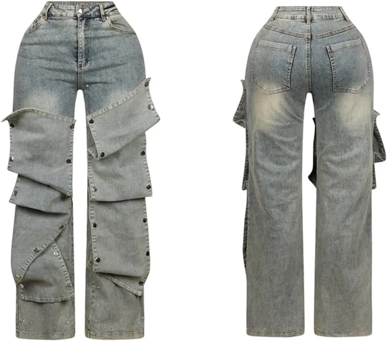 DINGANG Women's High Waisted Baggy Jeans Straight Leg Distressed Detachable Patchwork Loose Stretchy Trendy Denim Pants