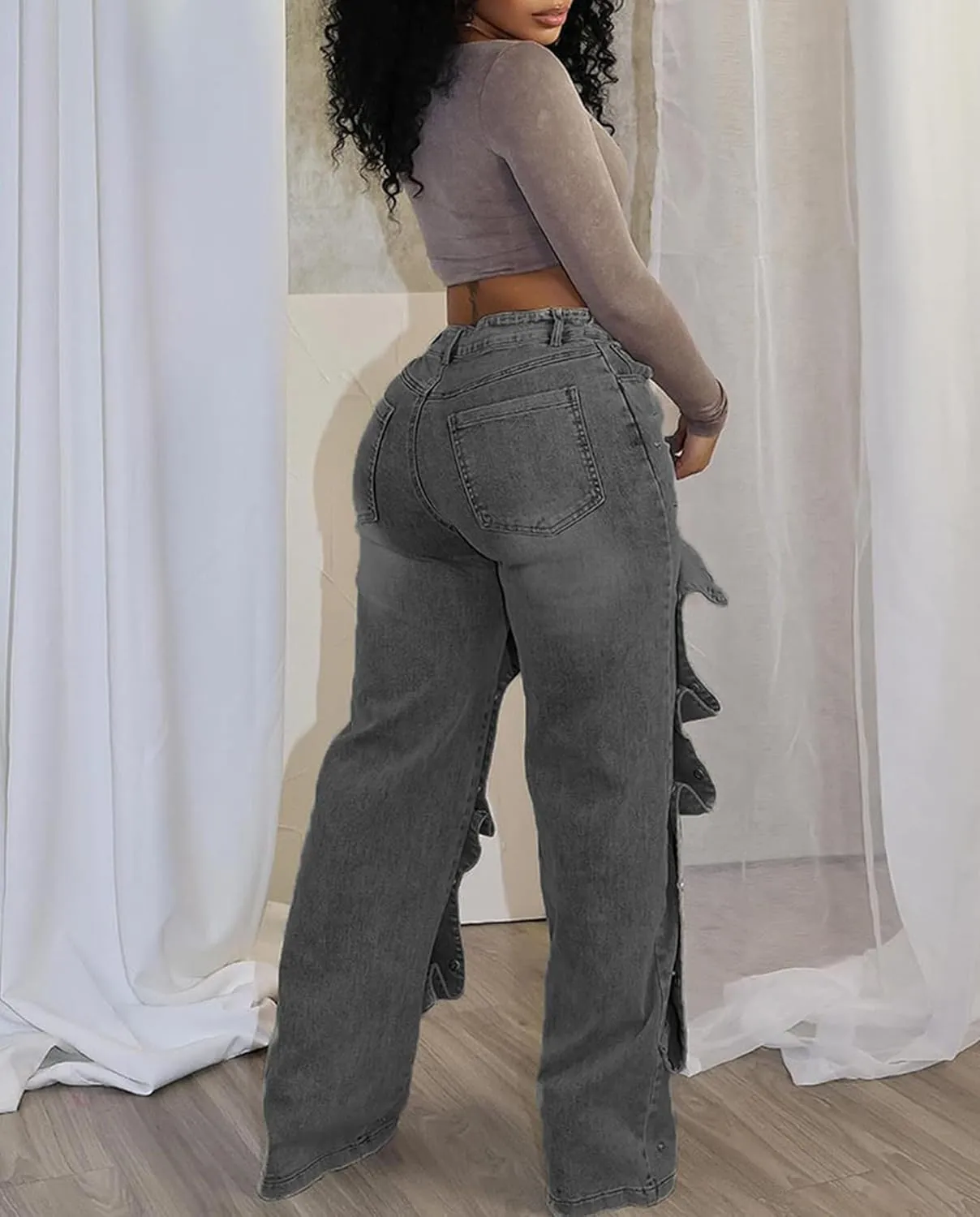 DINGANG Women's High Waisted Baggy Jeans Straight Leg Distressed Detachable Patchwork Loose Stretchy Trendy Denim Pants