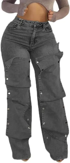 DINGANG Women's High Waisted Baggy Jeans Straight Leg Distressed Detachable Patchwork Loose Stretchy Trendy Denim Pants