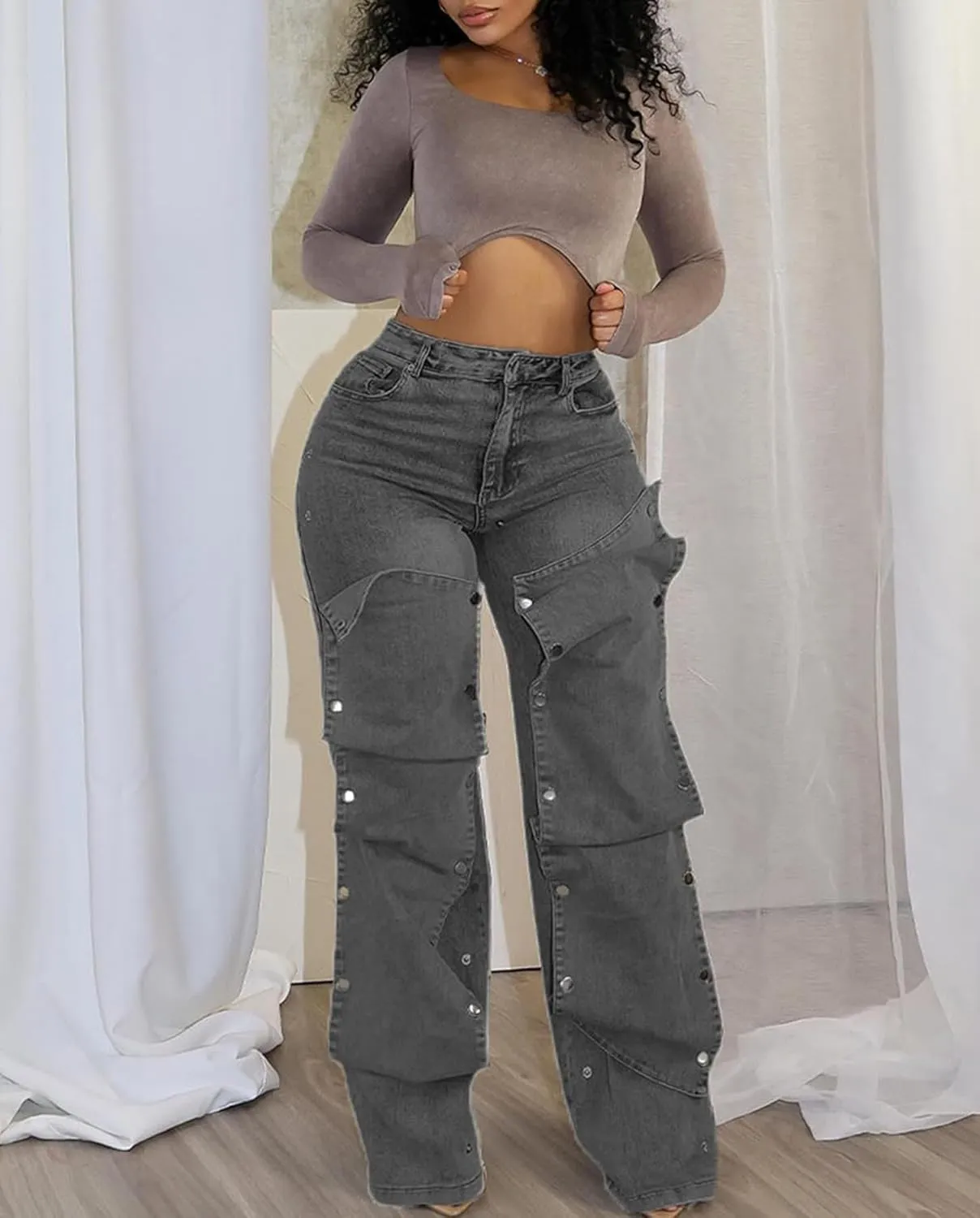 DINGANG Women's High Waisted Baggy Jeans Straight Leg Distressed Detachable Patchwork Loose Stretchy Trendy Denim Pants