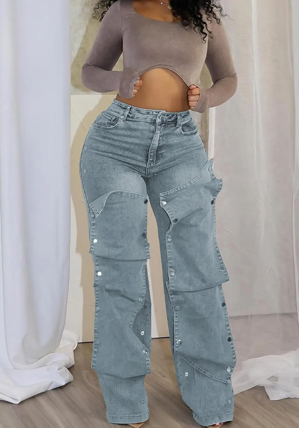 DINGANG Women's High Waisted Baggy Jeans Straight Leg Distressed Detachable Patchwork Loose Stretchy Trendy Denim Pants