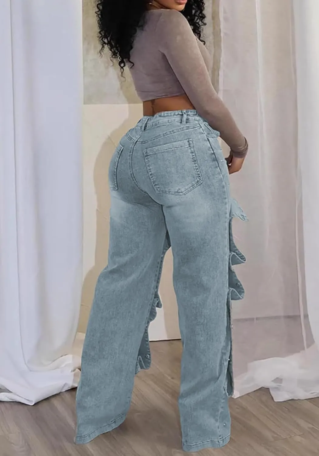 DINGANG Women's High Waisted Baggy Jeans Straight Leg Distressed Detachable Patchwork Loose Stretchy Trendy Denim Pants