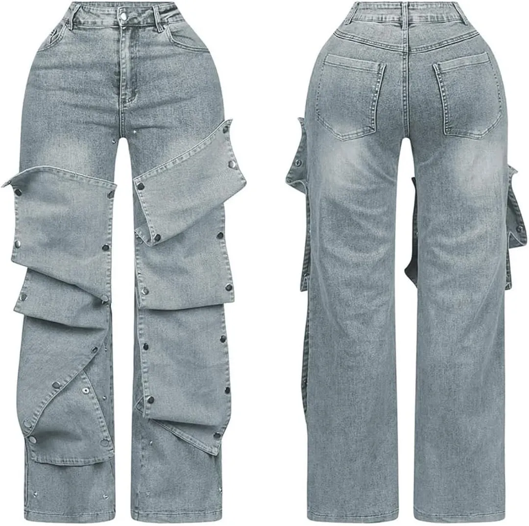 DINGANG Women's High Waisted Baggy Jeans Straight Leg Distressed Detachable Patchwork Loose Stretchy Trendy Denim Pants