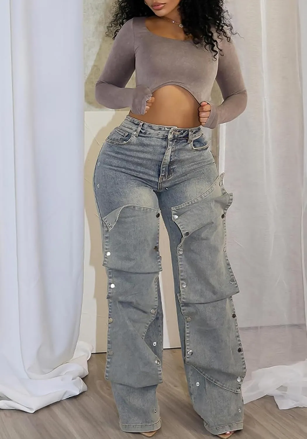 DINGANG Women's High Waisted Baggy Jeans Straight Leg Distressed Detachable Patchwork Loose Stretchy Trendy Denim Pants