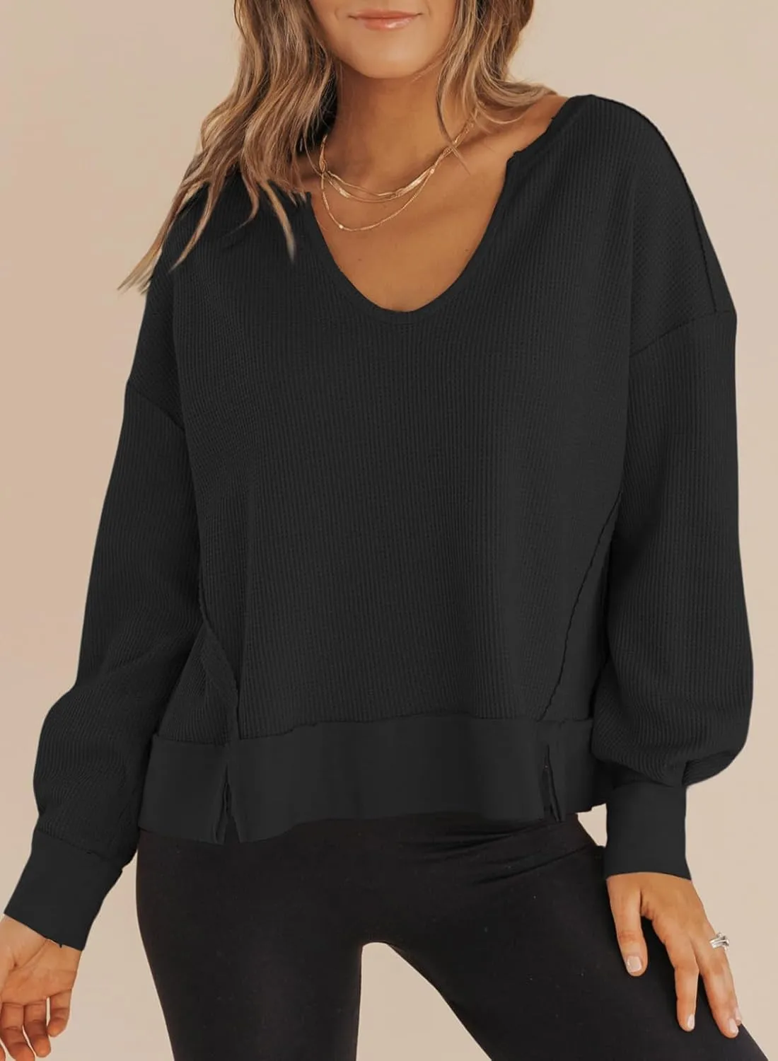 Dokotoo Womens Spring Outfits V Neck Waffle Knit Tops Cropped Sweaters Long Sleeve Pullover Crop Top
