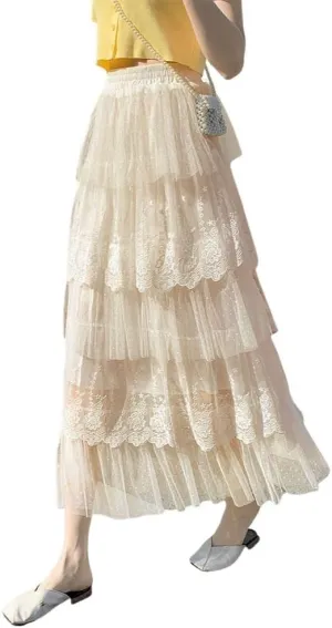 ebossy Women's Sweet Layered Lace Skirt Ruffled Embroidery Tiered Tulle Mesh Princess Skirts