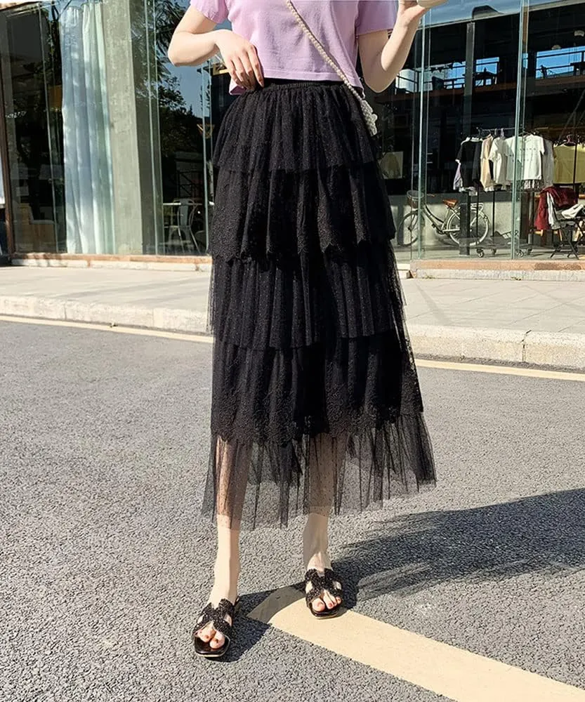 ebossy Women's Sweet Layered Lace Skirt Ruffled Embroidery Tiered Tulle Mesh Princess Skirts