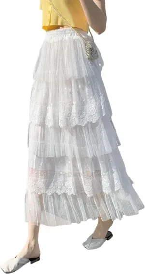 ebossy Women's Sweet Layered Lace Skirt Ruffled Embroidery Tiered Tulle Mesh Princess Skirts