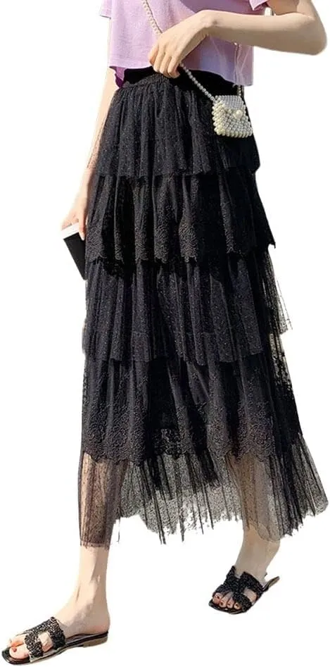 ebossy Women's Sweet Layered Lace Skirt Ruffled Embroidery Tiered Tulle Mesh Princess Skirts