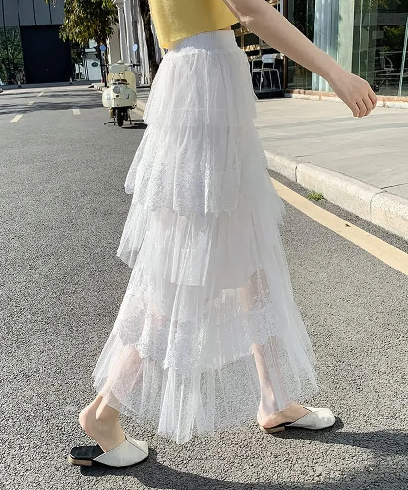 ebossy Women's Sweet Layered Lace Skirt Ruffled Embroidery Tiered Tulle Mesh Princess Skirts