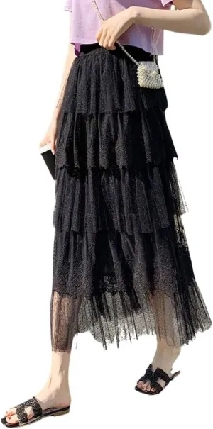 ebossy Women's Sweet Layered Lace Skirt Ruffled Embroidery Tiered Tulle Mesh Princess Skirts