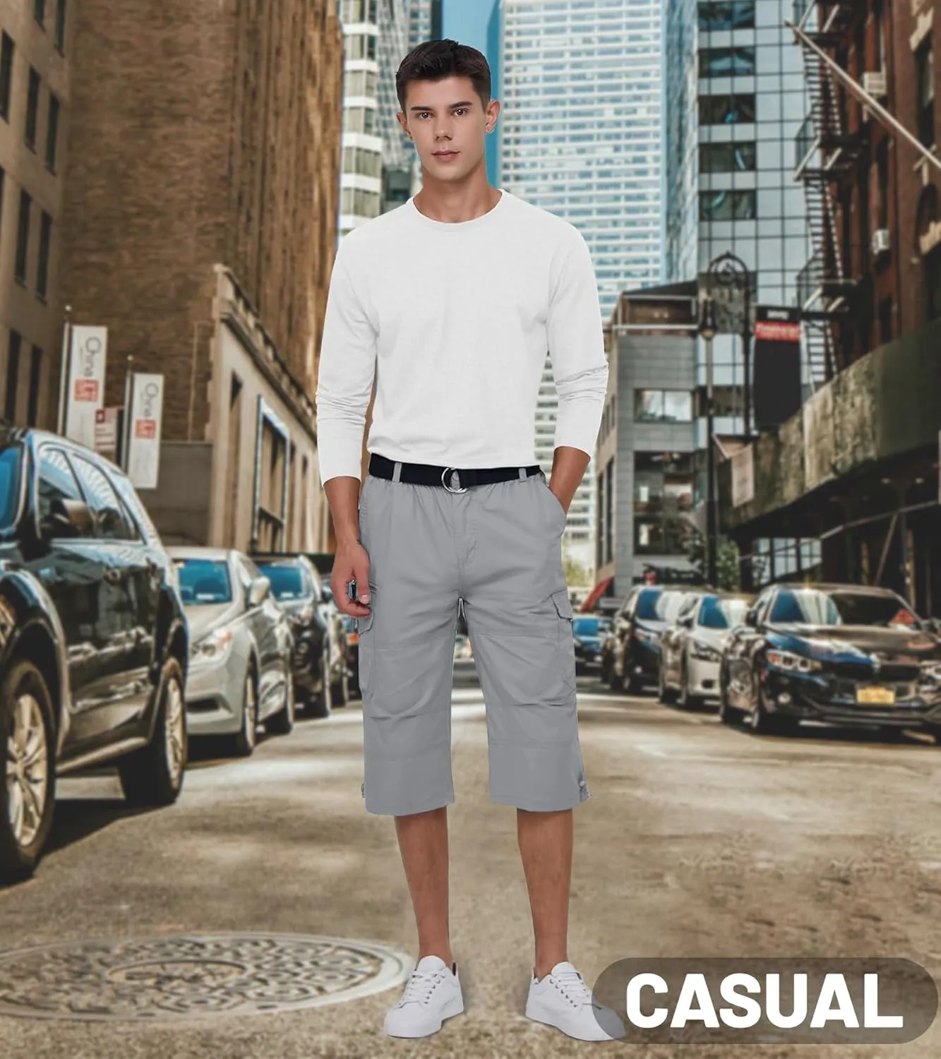 EKLENTSON Men's Cargo Shorts Casual Twill Elastic 3/4 Capri Pants Below Knee Long Shorts with 7 Pockets