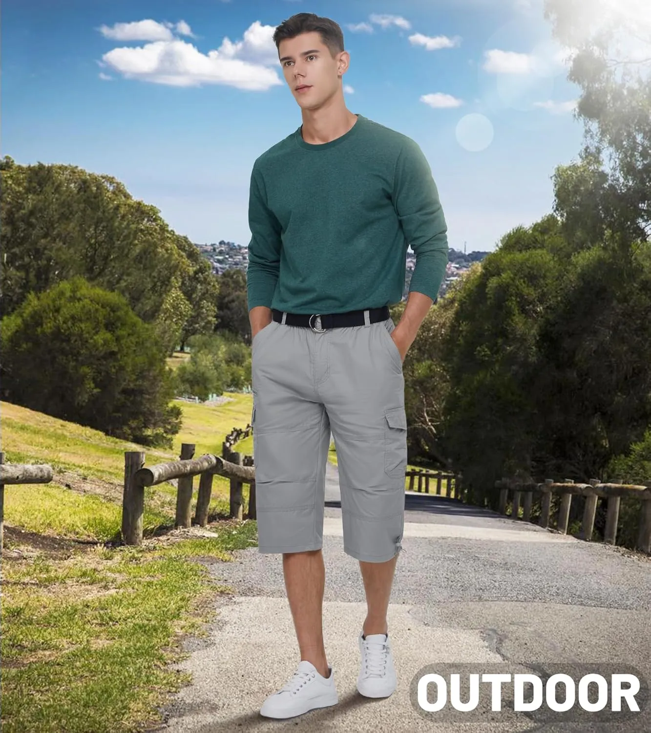 EKLENTSON Men's Cargo Shorts Casual Twill Elastic 3/4 Capri Pants Below Knee Long Shorts with 7 Pockets