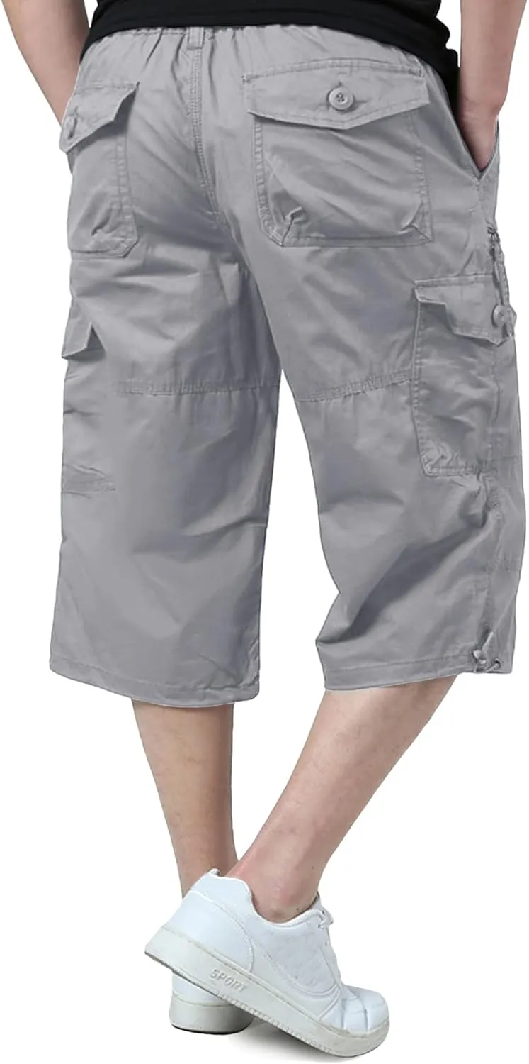 EKLENTSON Men's Cargo Shorts Casual Twill Elastic 3/4 Capri Pants Below Knee Long Shorts with 7 Pockets