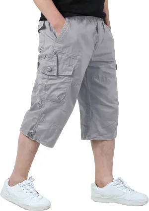 EKLENTSON Men's Cargo Shorts Casual Twill Elastic 3/4 Capri Pants Below Knee Long Shorts with 7 Pockets