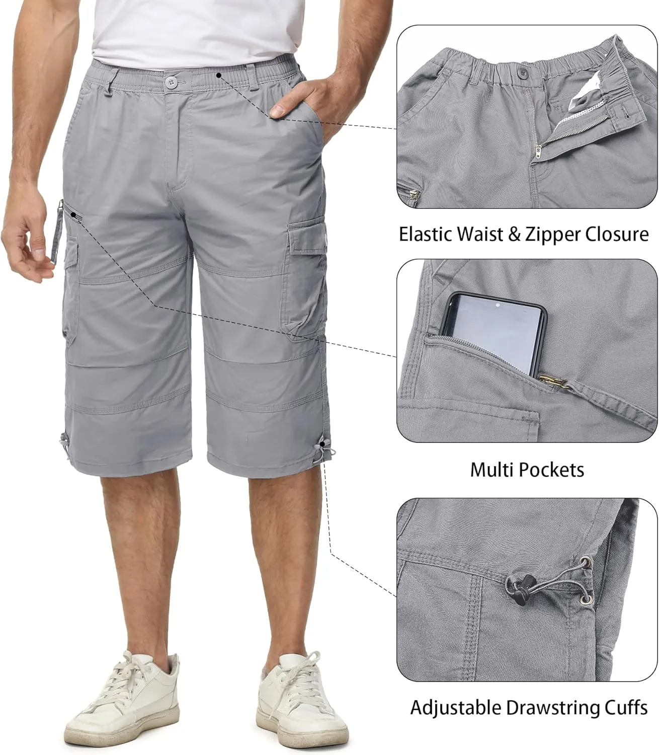 EKLENTSON Men's Cargo Shorts Casual Twill Elastic 3/4 Capri Pants Below Knee Long Shorts with 7 Pockets