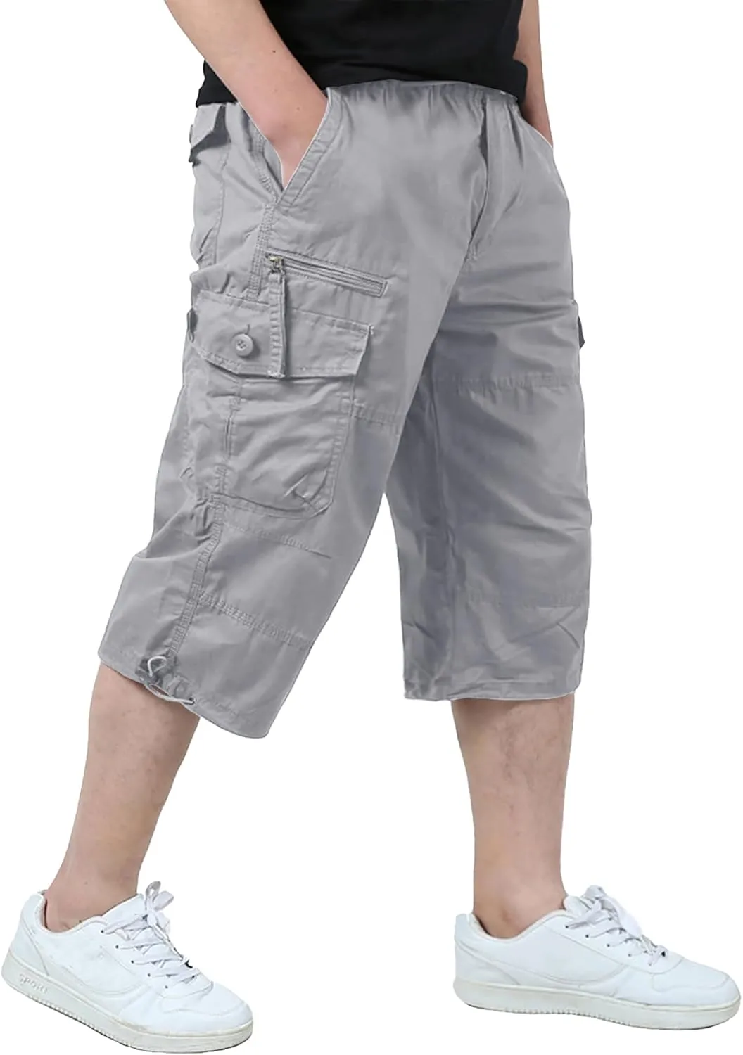 EKLENTSON Men's Cargo Shorts Casual Twill Elastic 3/4 Capri Pants Below Knee Long Shorts with 7 Pockets