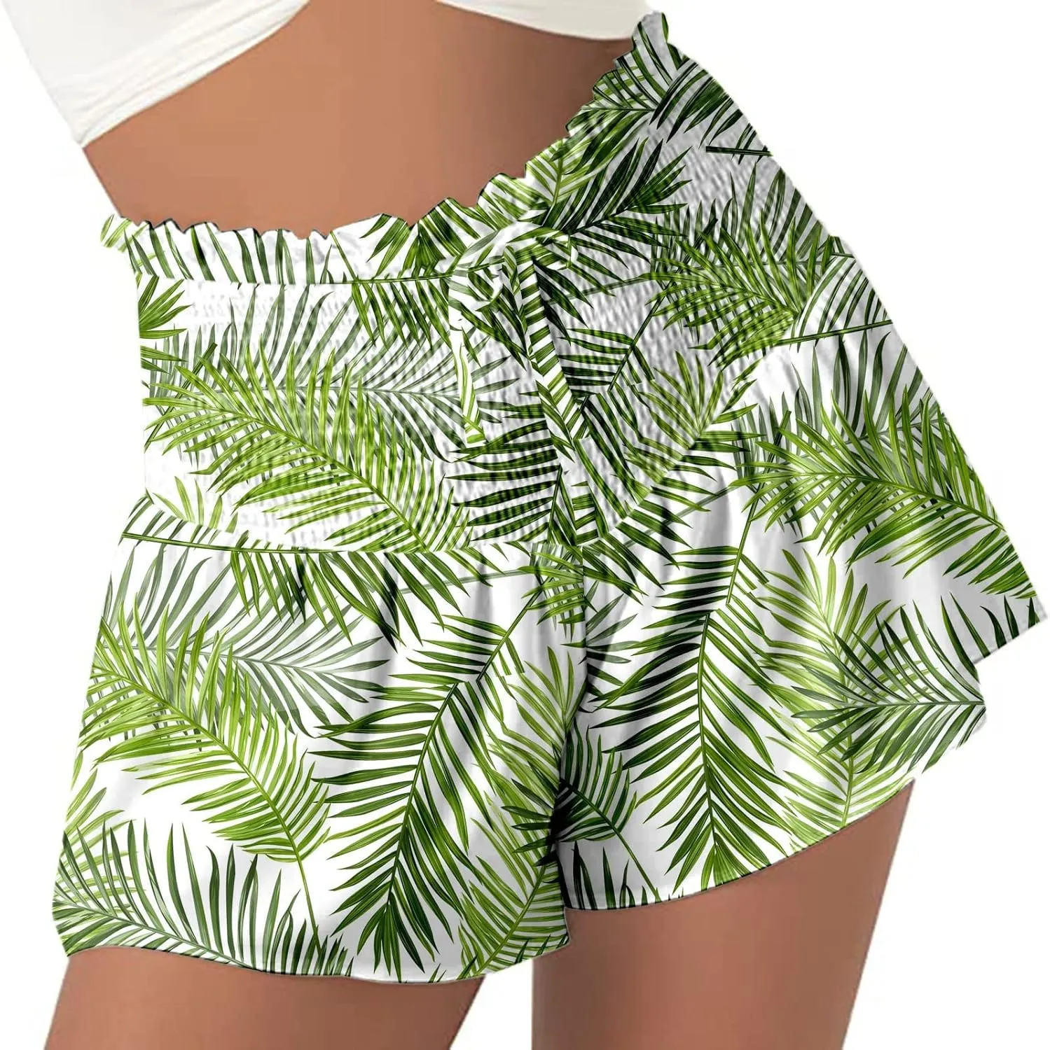 Elastic Ruffle High Waisted Beach Shorts for Women Floral/Stripped Print Loose Casual Shorts Summer Fashion 2025