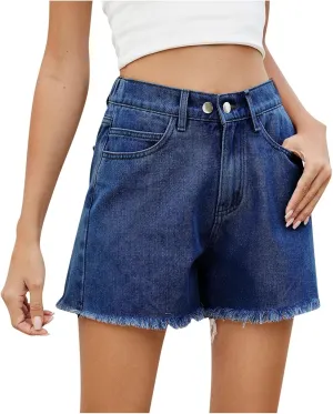 Elastic Waist Denim Shorts for Women High Waisted Distressed Hem Trendy Summer 2025 Jeans Shorts