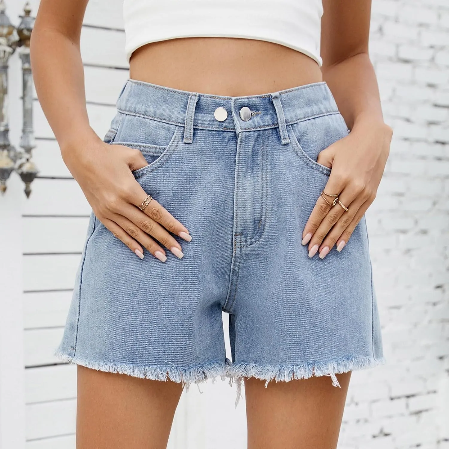 Elastic Waist Denim Shorts for Women High Waisted Distressed Hem Trendy Summer 2025 Jeans Shorts