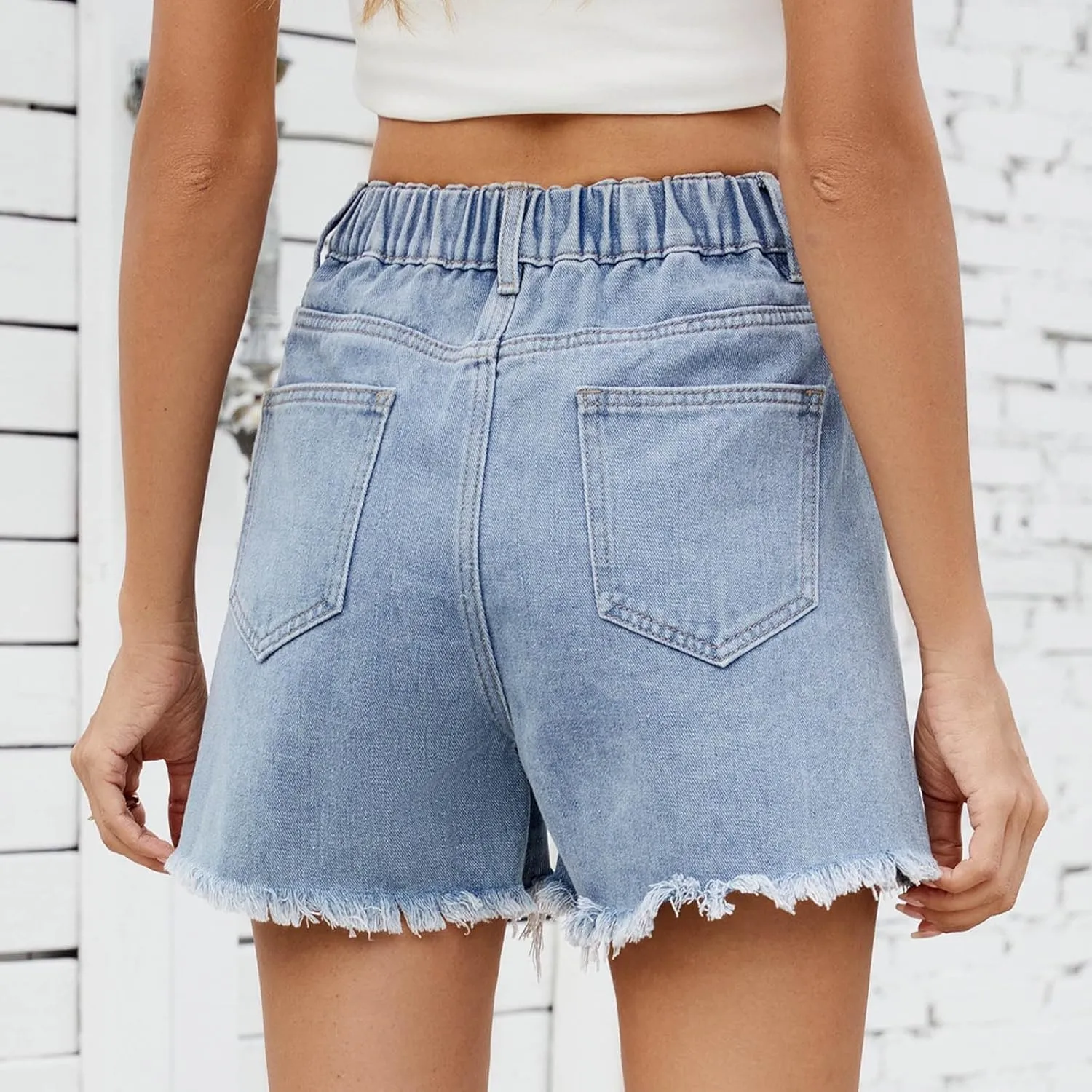 Elastic Waist Denim Shorts for Women High Waisted Distressed Hem Trendy Summer 2025 Jeans Shorts