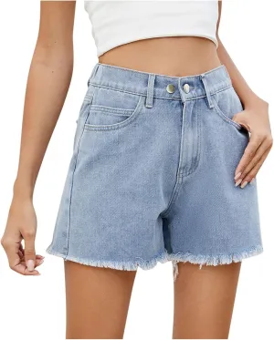 Elastic Waist Denim Shorts for Women High Waisted Distressed Hem Trendy Summer 2025 Jeans Shorts
