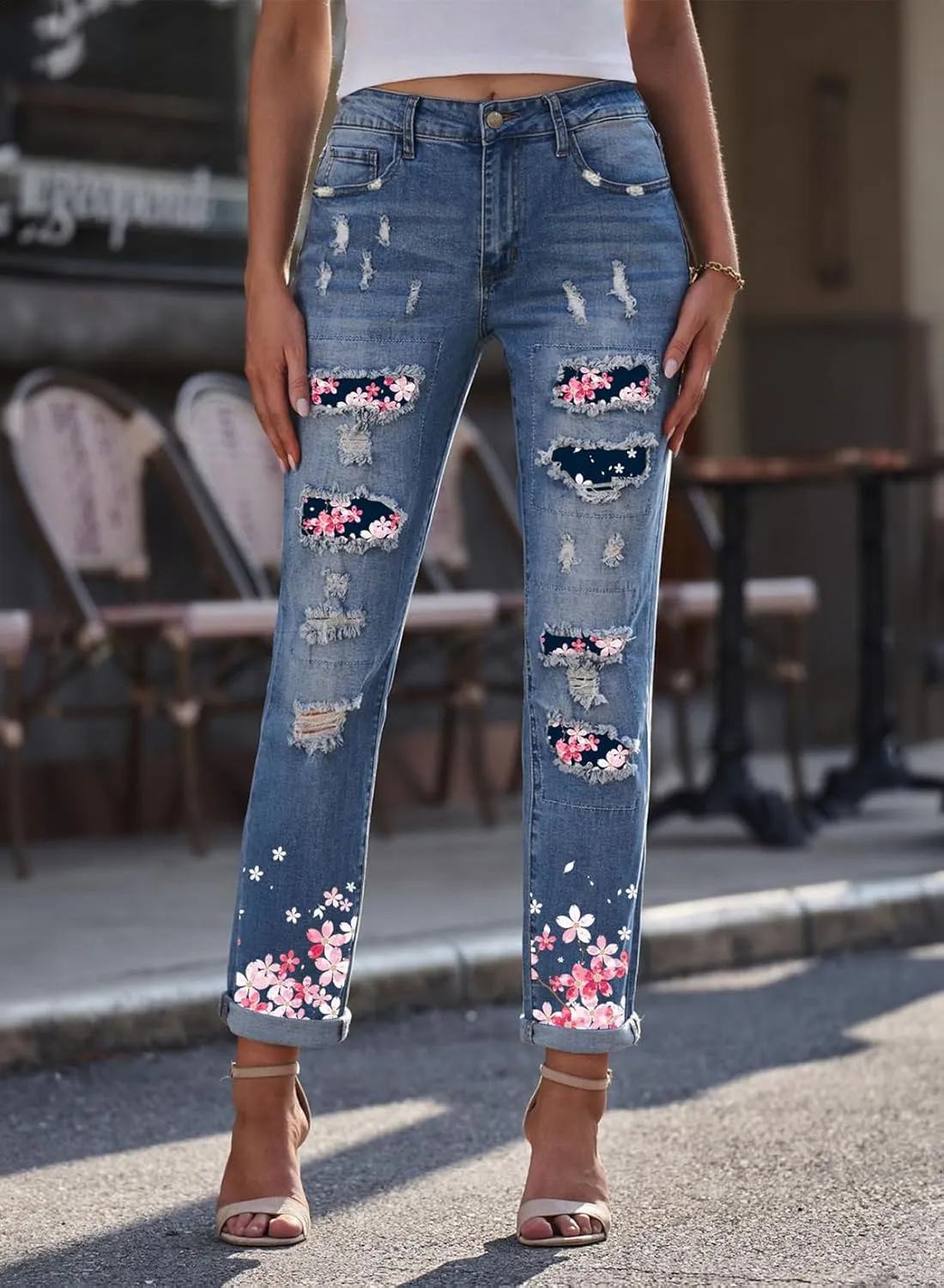 EVALESS Ripped Jeans for Women Plaid Patch Boyfriend Skinny Distressed Denim Jean Pants