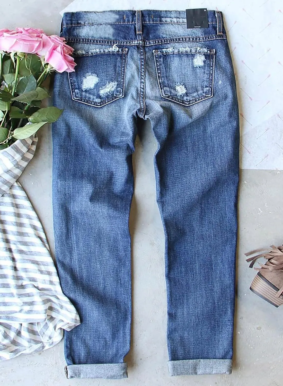 EVALESS Ripped Jeans for Women Plaid Patch Boyfriend Skinny Distressed Denim Jean Pants