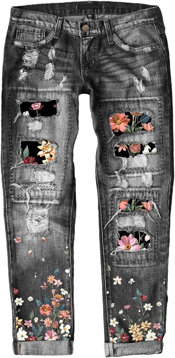 EVALESS Ripped Jeans for Women Plaid Patch Boyfriend Skinny Distressed Denim Jean Pants