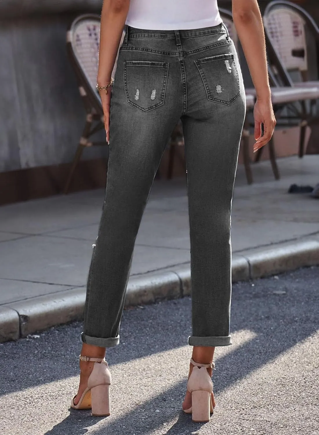 EVALESS Ripped Jeans for Women Plaid Patch Boyfriend Skinny Distressed Denim Jean Pants