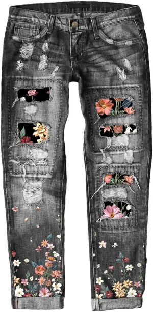 EVALESS Ripped Jeans for Women Plaid Patch Boyfriend Skinny Distressed Denim Jean Pants