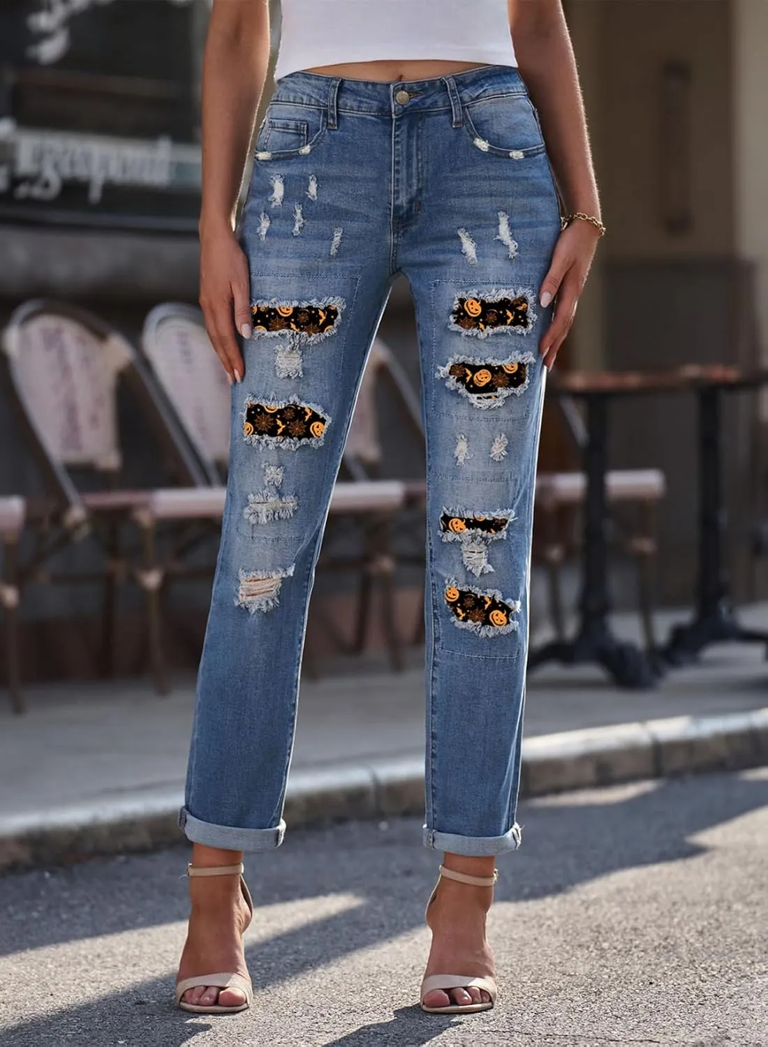 EVALESS Ripped Jeans for Women Plaid Patch Boyfriend Skinny Distressed Denim Jean Pants