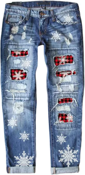 EVALESS Ripped Jeans for Women Plaid Patch Boyfriend Skinny Distressed Denim Jean Pants