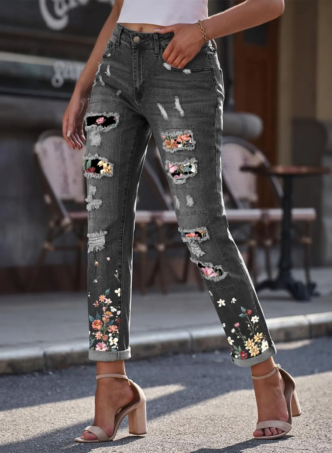 EVALESS Ripped Jeans for Women Plaid Patch Boyfriend Skinny Distressed Denim Jean Pants