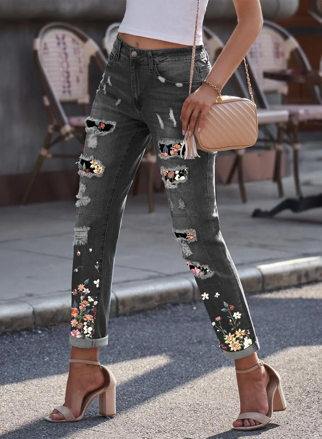 EVALESS Ripped Jeans for Women Plaid Patch Boyfriend Skinny Distressed Denim Jean Pants