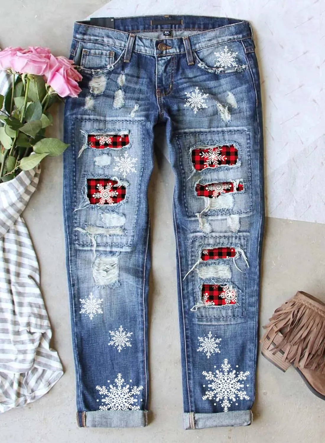 EVALESS Ripped Jeans for Women Plaid Patch Boyfriend Skinny Distressed Denim Jean Pants