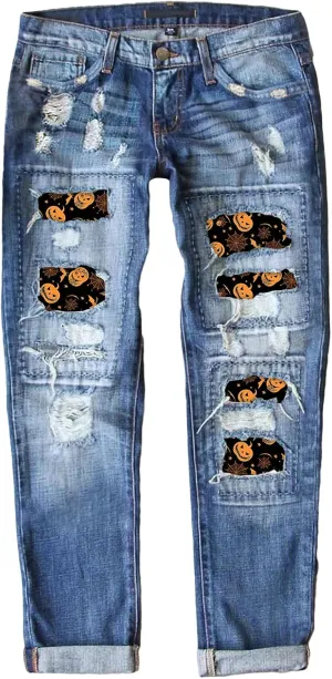 EVALESS Ripped Jeans for Women Plaid Patch Boyfriend Skinny Distressed Denim Jean Pants
