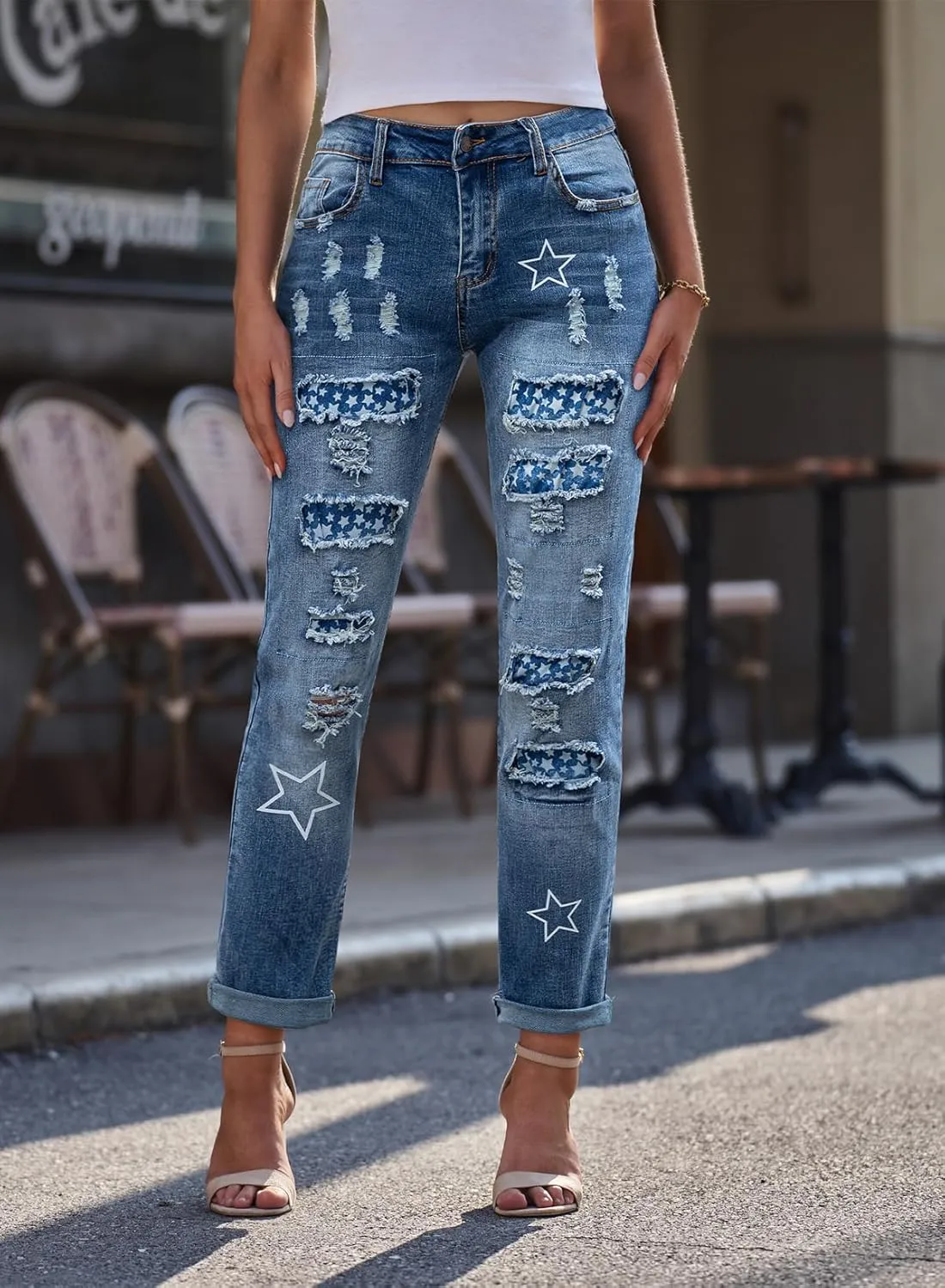 EVALESS Ripped Jeans for Women Plaid Patch Boyfriend Skinny Distressed Denim Jean Pants
