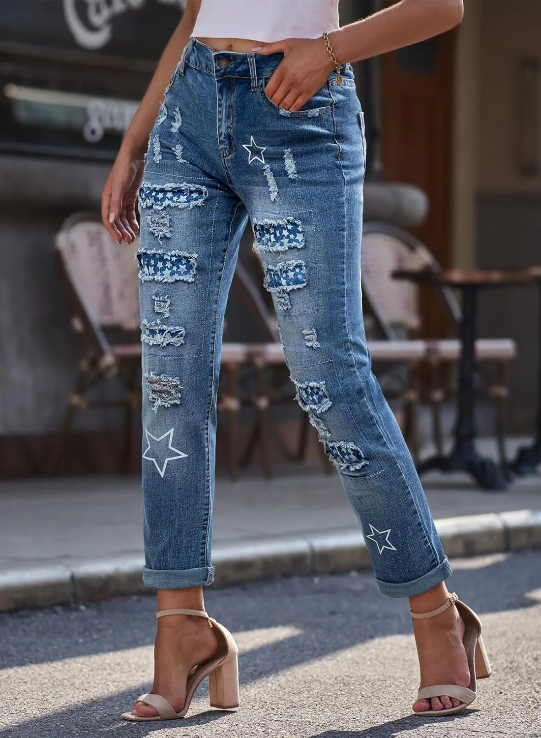 EVALESS Ripped Jeans for Women Plaid Patch Boyfriend Skinny Distressed Denim Jean Pants