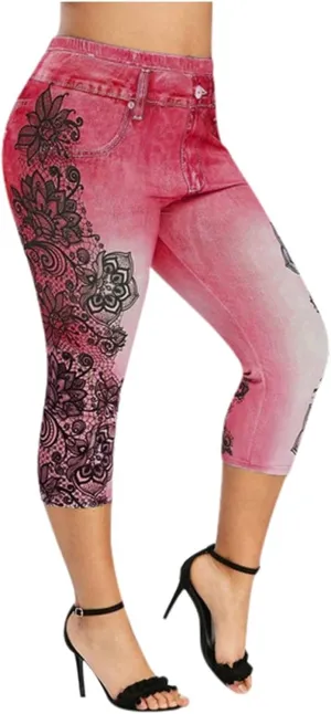 Faux Denim Leggings for Women Plus Size High Waisted Yoga Pants Capri Jeggings Short Tights Stretch Denim Jeans