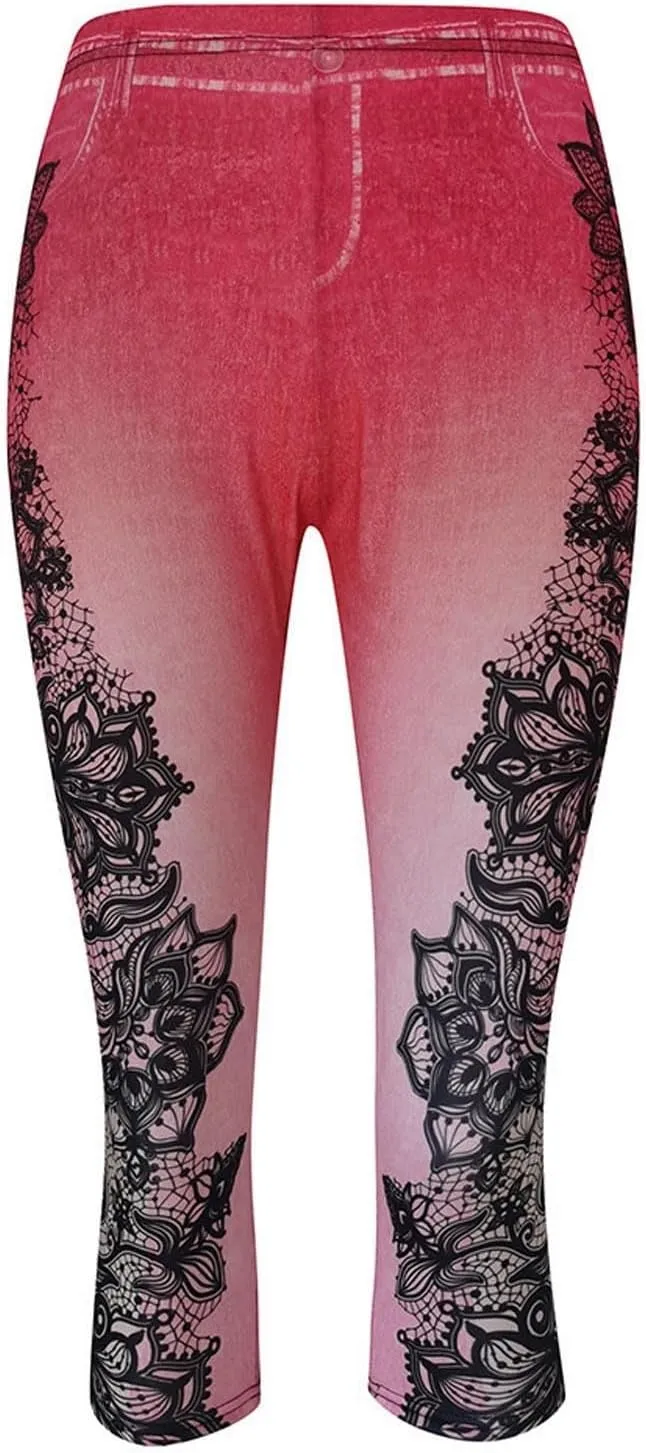 Faux Denim Leggings for Women Plus Size High Waisted Yoga Pants Capri Jeggings Short Tights Stretch Denim Jeans
