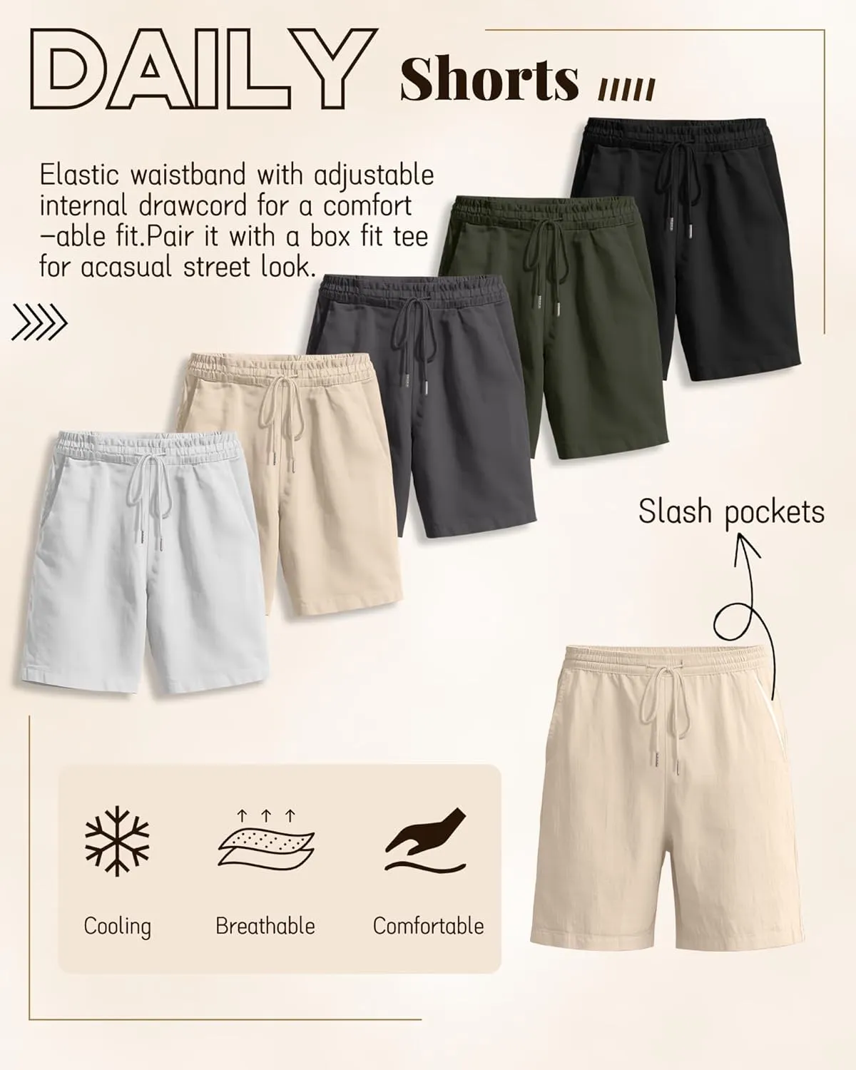 Ficerd 2 Pack Men's Linen Shorts Casual Cotton 7 Inch Inseam Drawstring Elastic Waist Summer Beach Shorts with Pockets